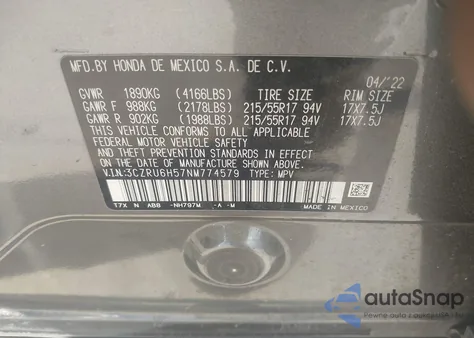 2022 Honda Hr-V Awd Ex из США, поврежденный, VIN 3CZRU6H57NM774579